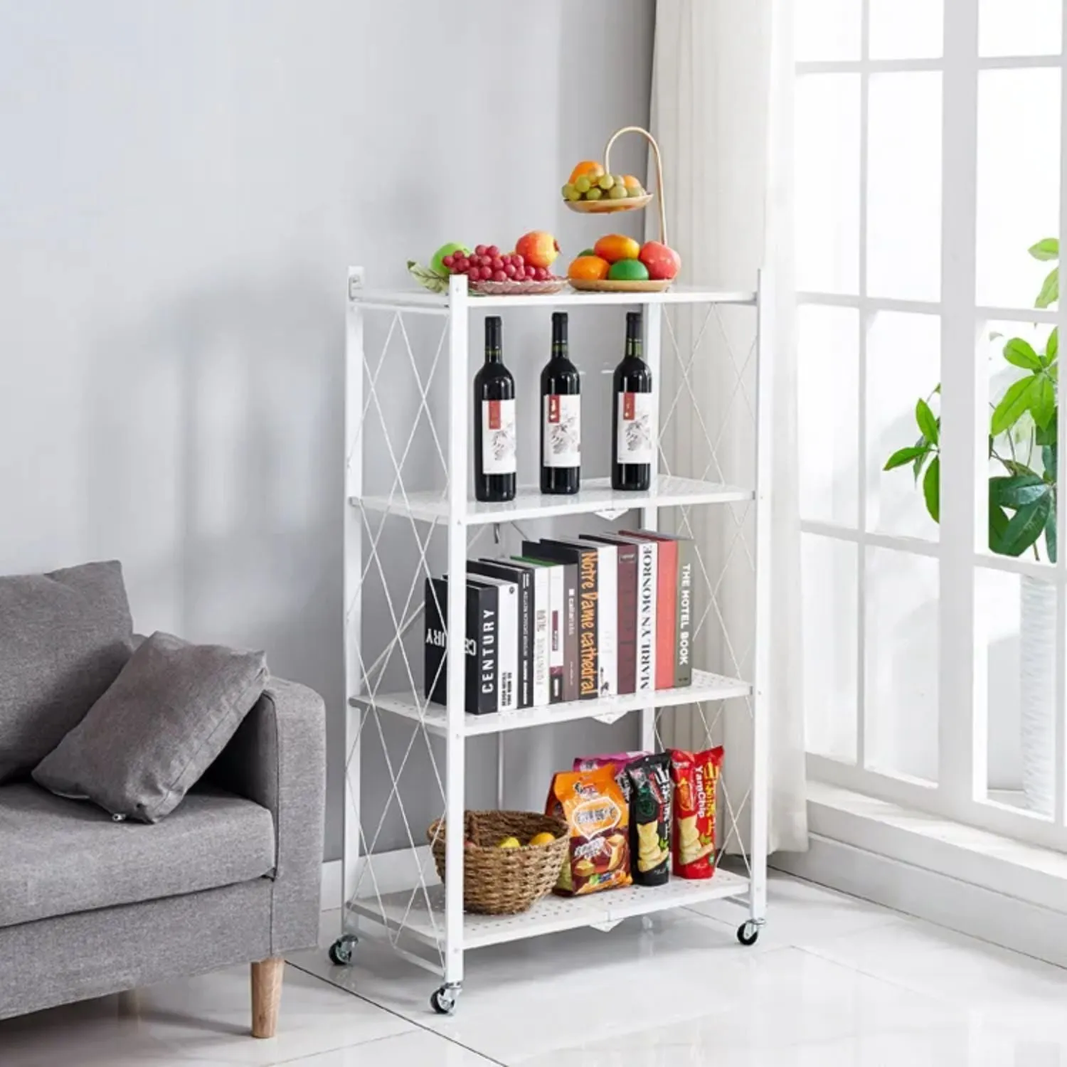 Foldable 4-Tier Carbon Steel Storage Shelf with Wheels