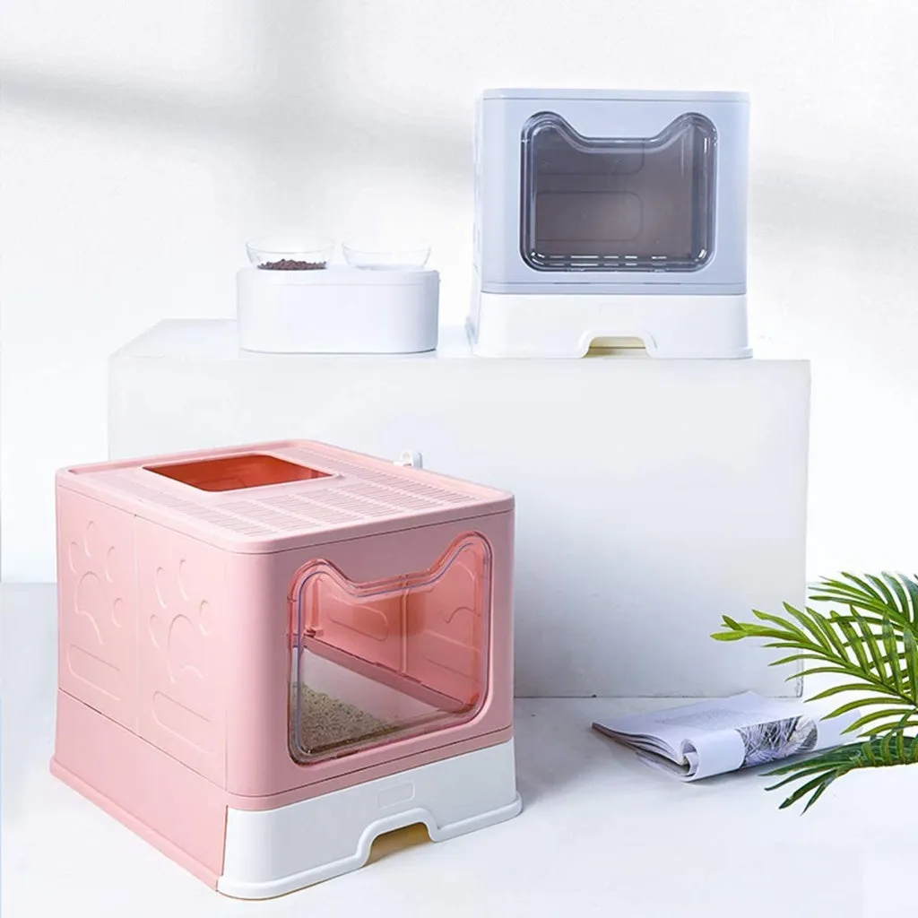 Foldable Pink Cat Litter Box with Lid, Top Exit, Drawer