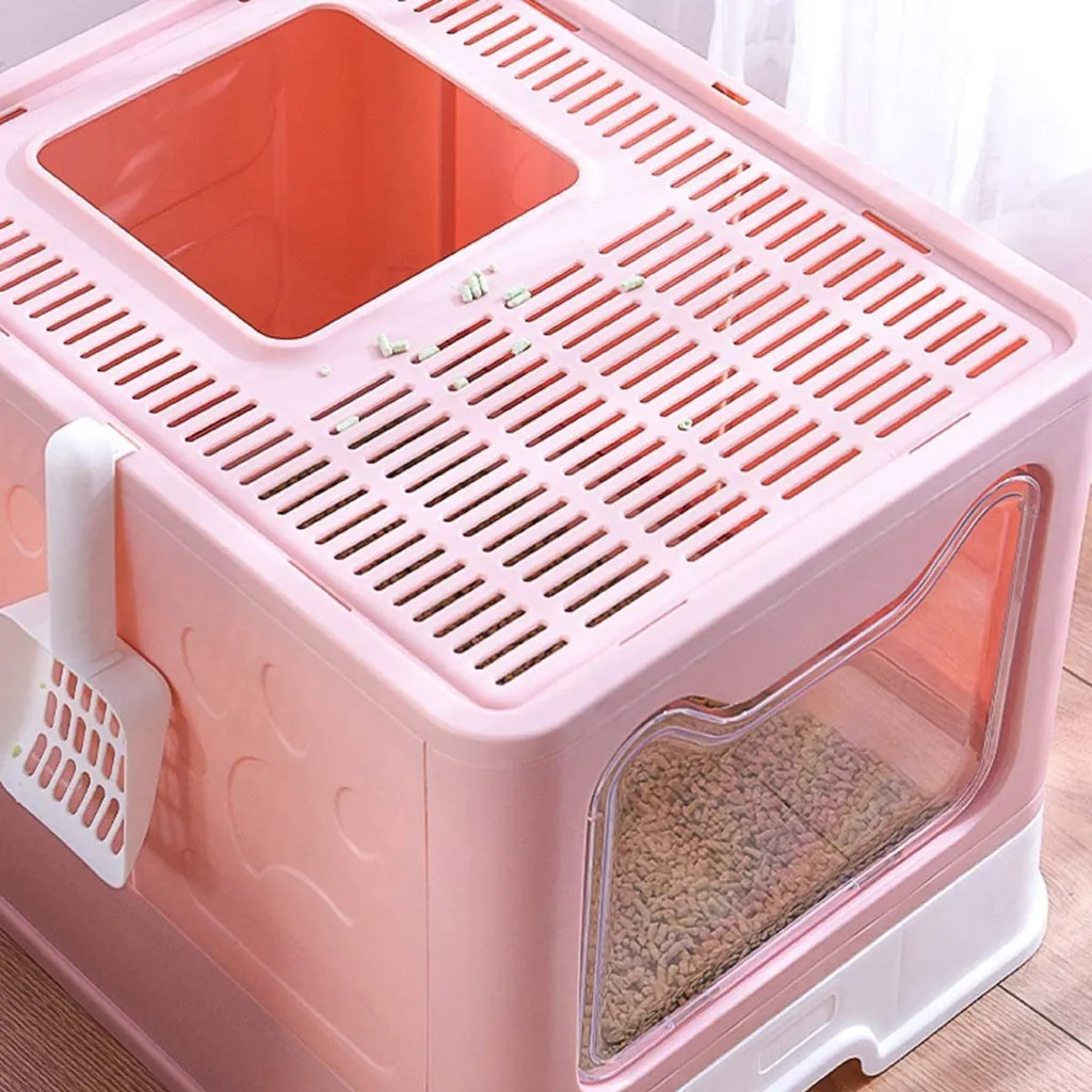 Foldable Pink Cat Litter Box with Lid, Top Exit, Drawer