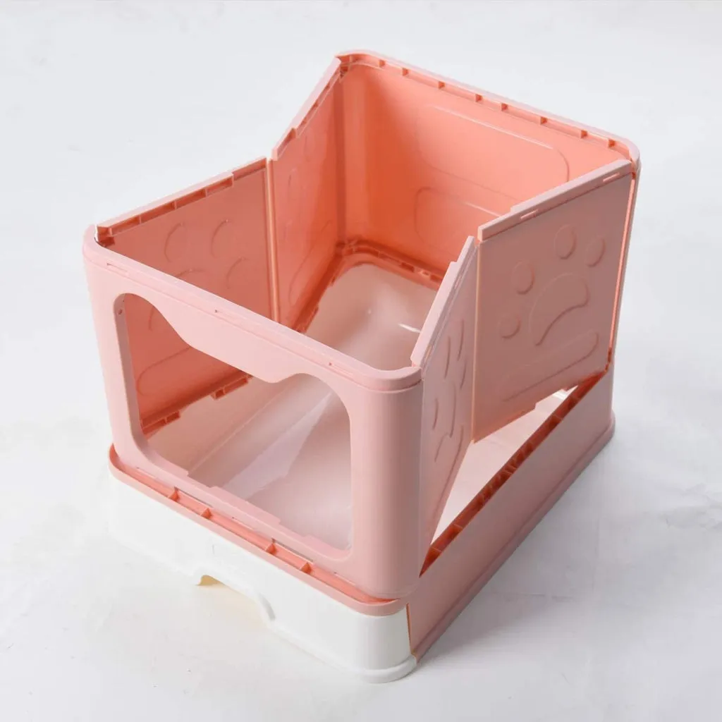 Foldable Pink Cat Litter Box with Lid, Top Exit, Drawer