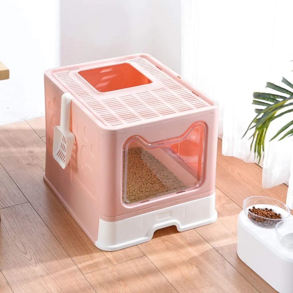 Foldable Pink Cat Litter Box with Lid, Top Exit, Drawer