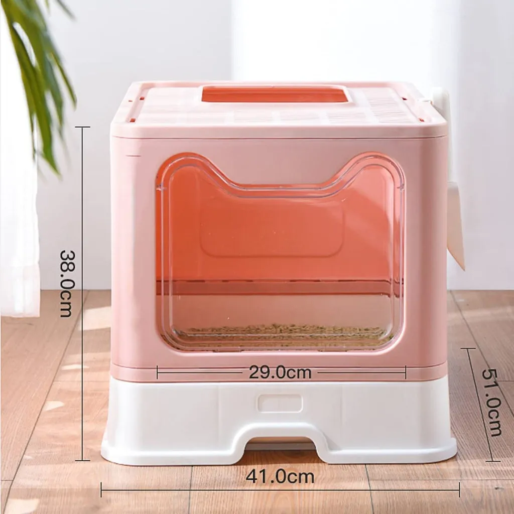 Foldable Pink Cat Litter Box with Lid, Top Exit, Drawer