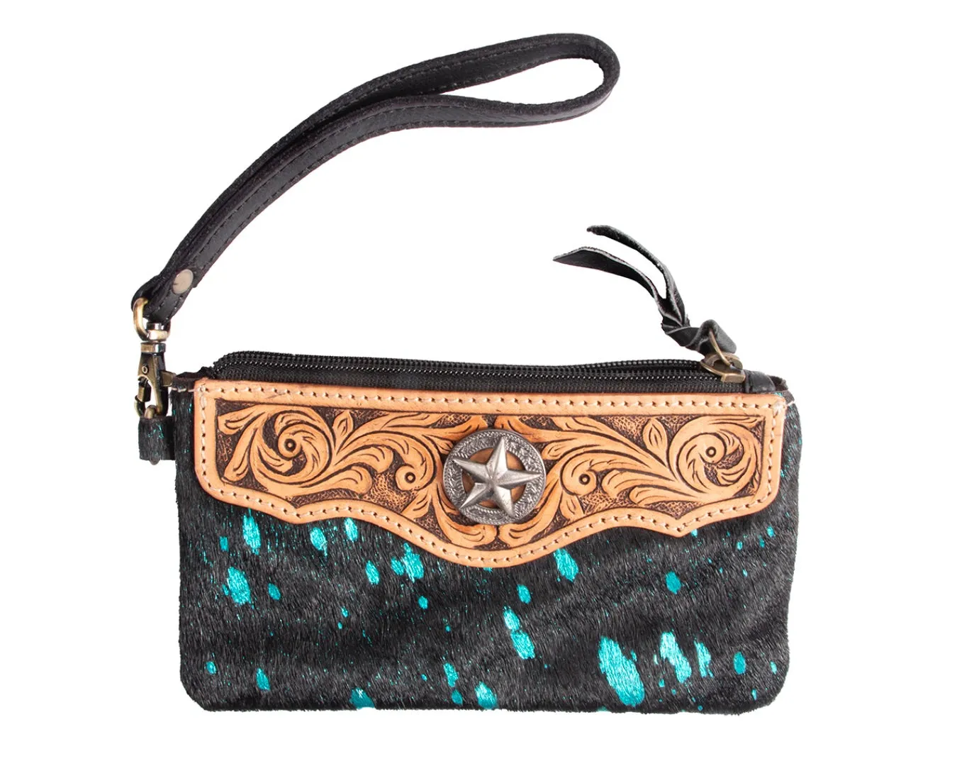 Fort Worth Cowhide Leather Purse - Black & Turquoise