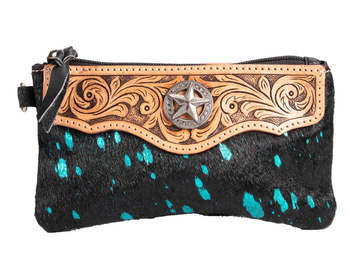 Fort Worth Cowhide Leather Purse - Black & Turquoise