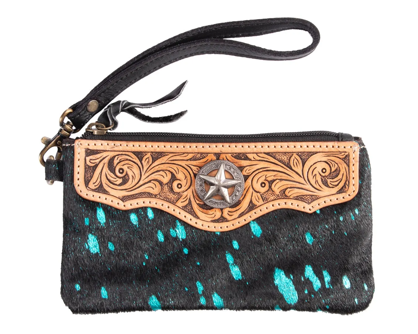 Fort Worth Cowhide Leather Purse - Black & Turquoise