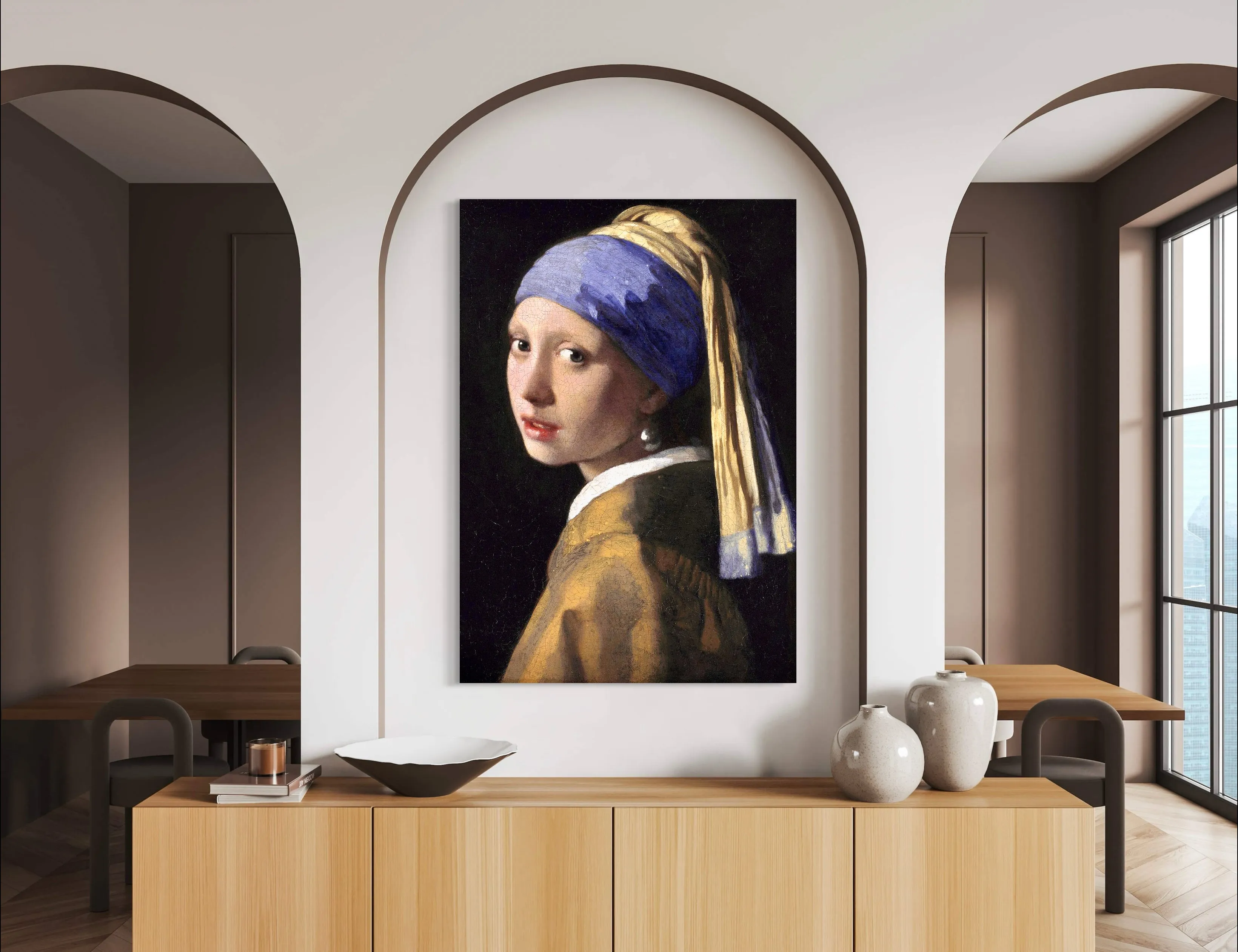 Girl with a Pearl Earring - Painted by Johannes Vermeer - Circa. 1665. High Quality Polyester Cotton Canvas Print. Rolled Canvas Available in 3 Sizes - Small, Medium, or Large. Stretched Canvas Option Available in One (1) Large Size - 70cm x 100cm.