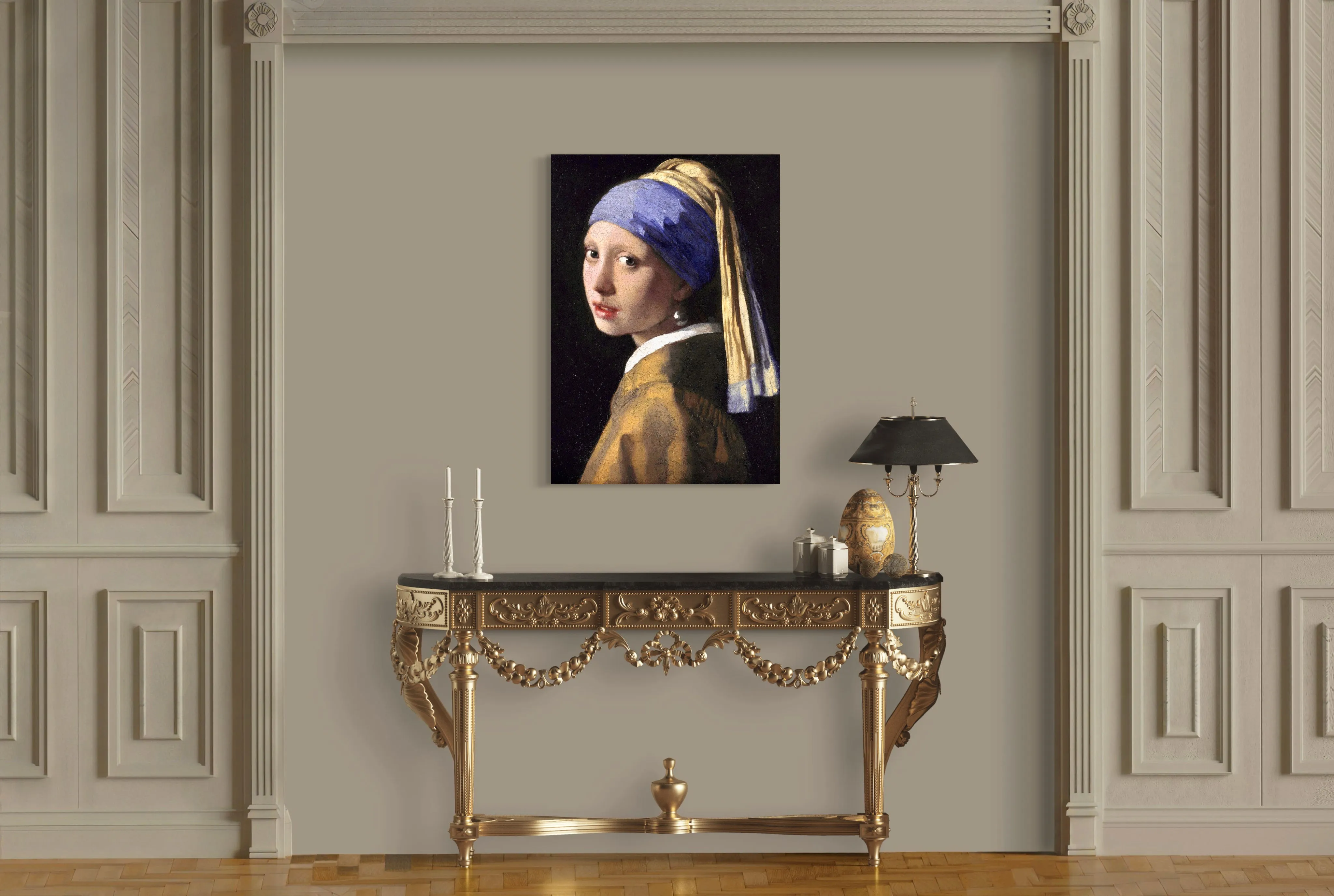 Girl with a Pearl Earring - Painted by Johannes Vermeer - Circa. 1665. High Quality Polyester Cotton Canvas Print. Rolled Canvas Available in 3 Sizes - Small, Medium, or Large. Stretched Canvas Option Available in One (1) Large Size - 70cm x 100cm.