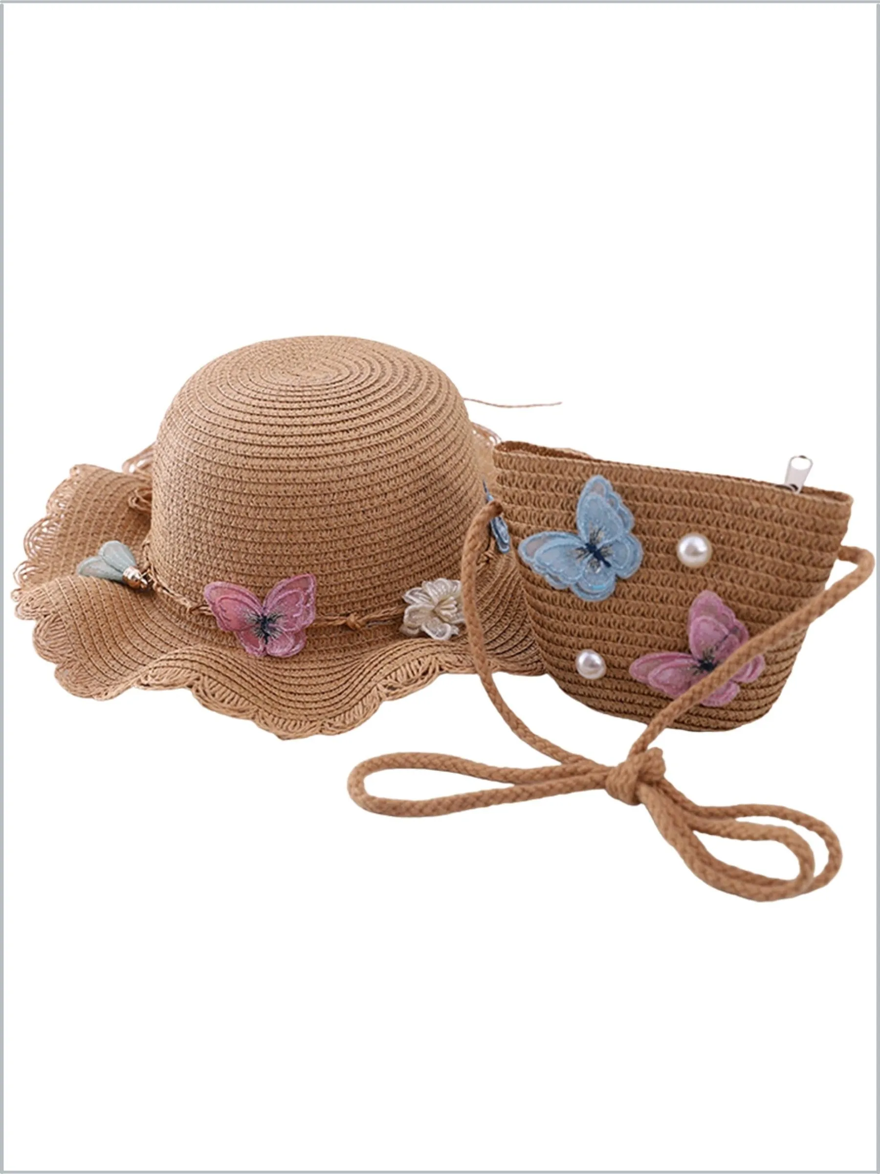 Girls Boho Butterfly Straw Hat and Purse Set