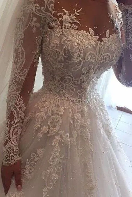 Gorgeous Long Sleeves Ivory Lace Applique Ball Gown Long Wedding Dresses, WD1109