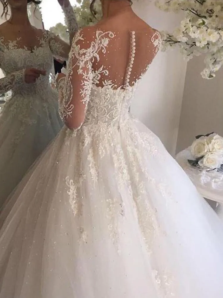 Gorgeous Long Sleeves Ivory Lace Applique Ball Gown Long Wedding Dresses, WD1109