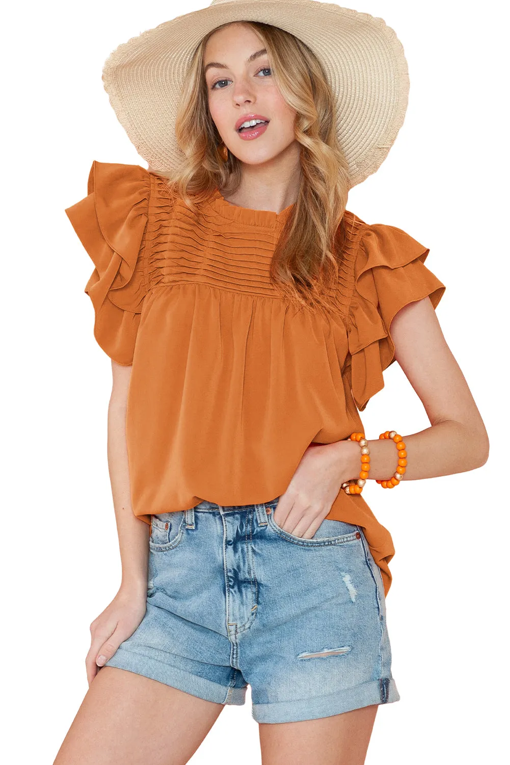 Grapefruit Orange Ruched Frilled Neck Ruffle Blouse