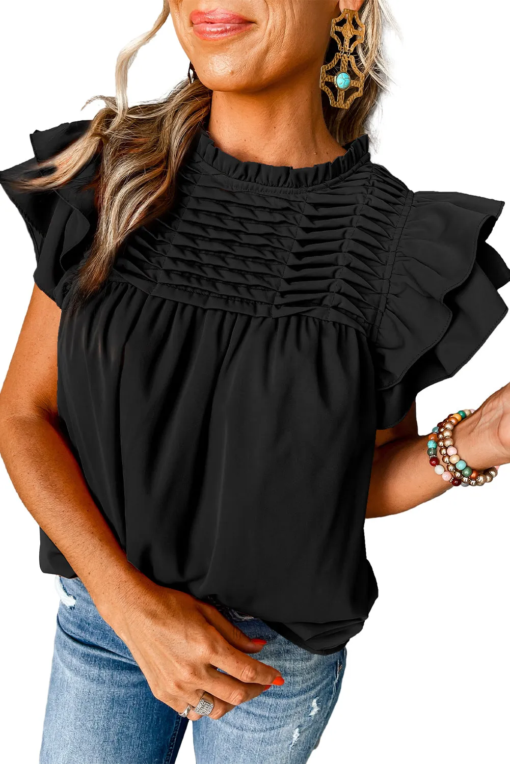 Grapefruit Orange Ruched Frilled Neck Ruffle Blouse