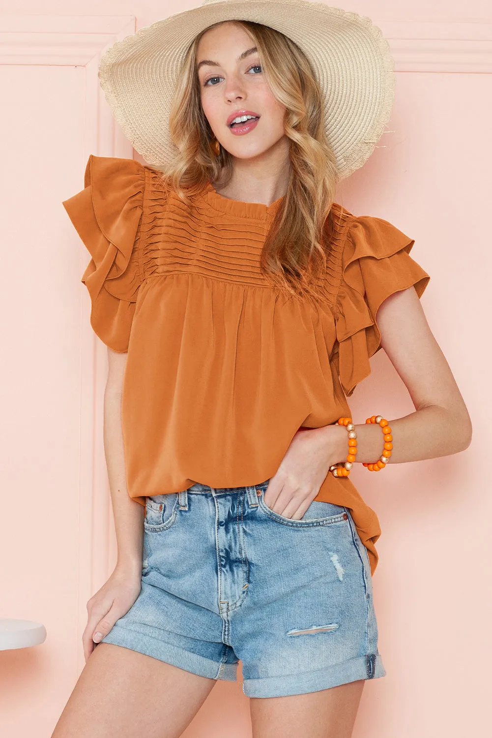 Grapefruit Orange Ruched Frilled Neck Ruffle Blouse