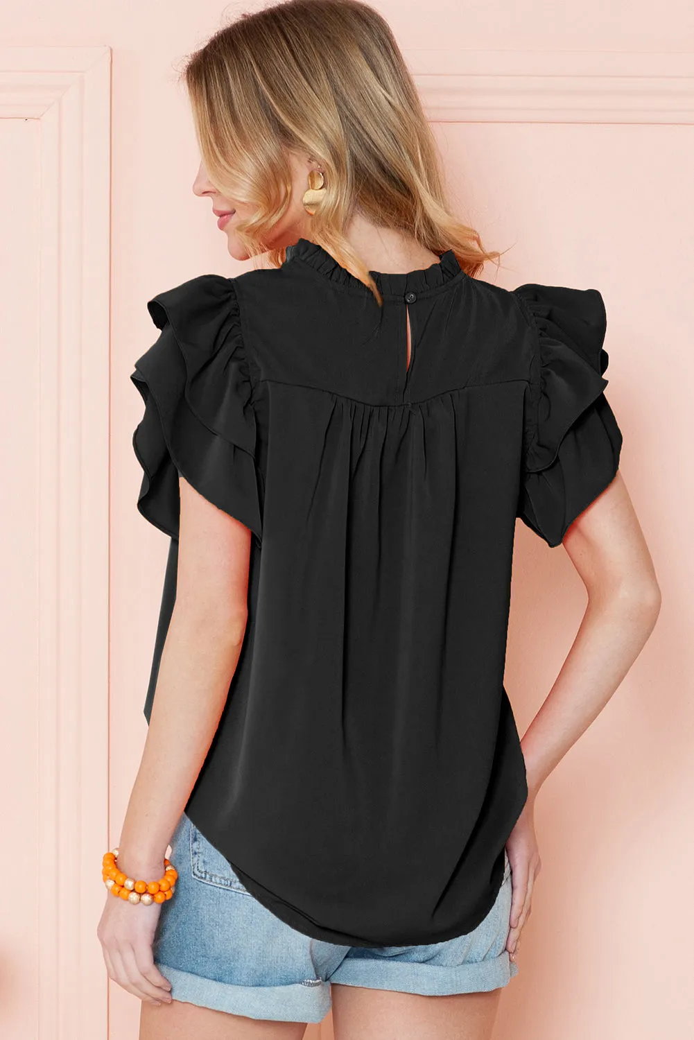 Grapefruit Orange Ruched Frilled Neck Ruffle Blouse