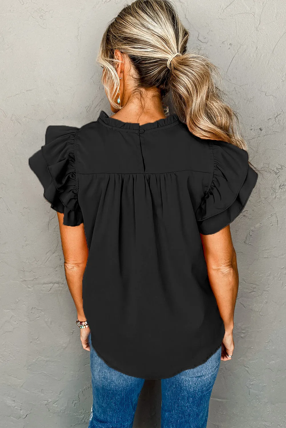 Grapefruit Orange Ruched Frilled Neck Ruffle Blouse