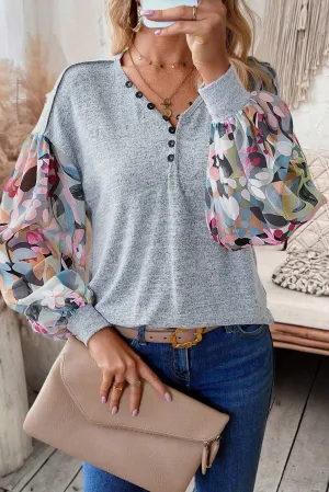 Gray Floral Splicing Lantern Sleeve Buttoned V Neck Top