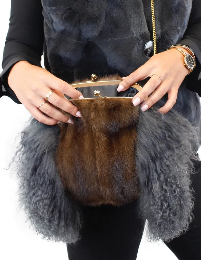 GRAY MONGOLIAN LAMB & MAHOGANY MINK FUR MUFF PURSE, BAG