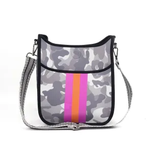 Grey Camo Neoprene Messenger Bag with Pink & Orange Stripe