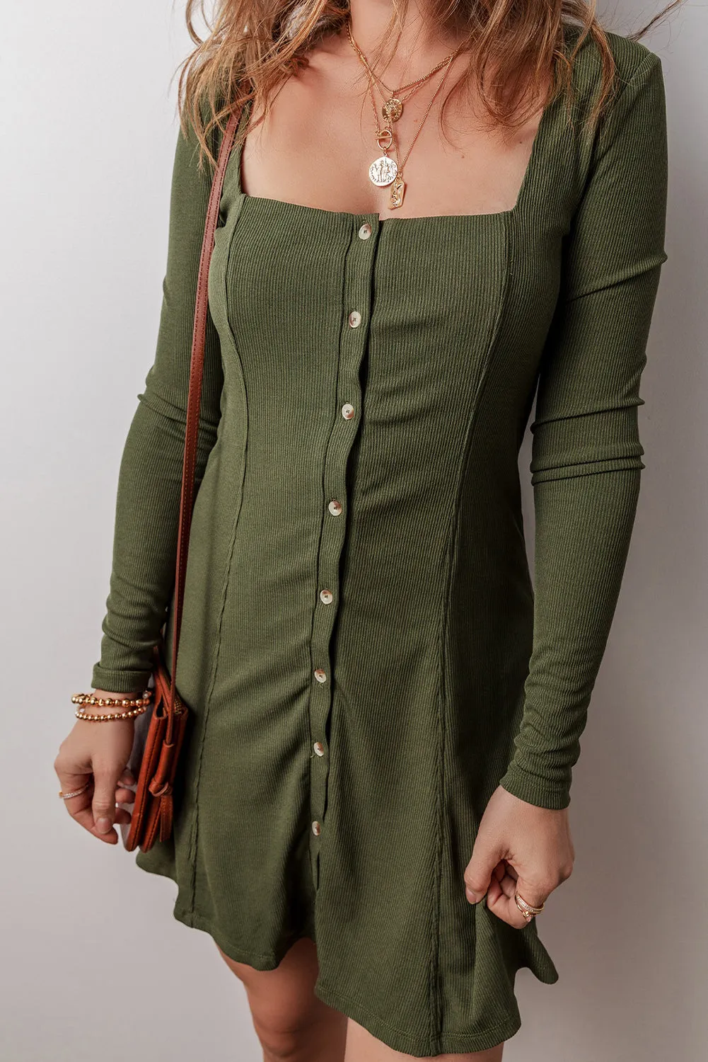 Guacamole Green Rib Knit Square Neck Buttoned Long Sleeve Dress