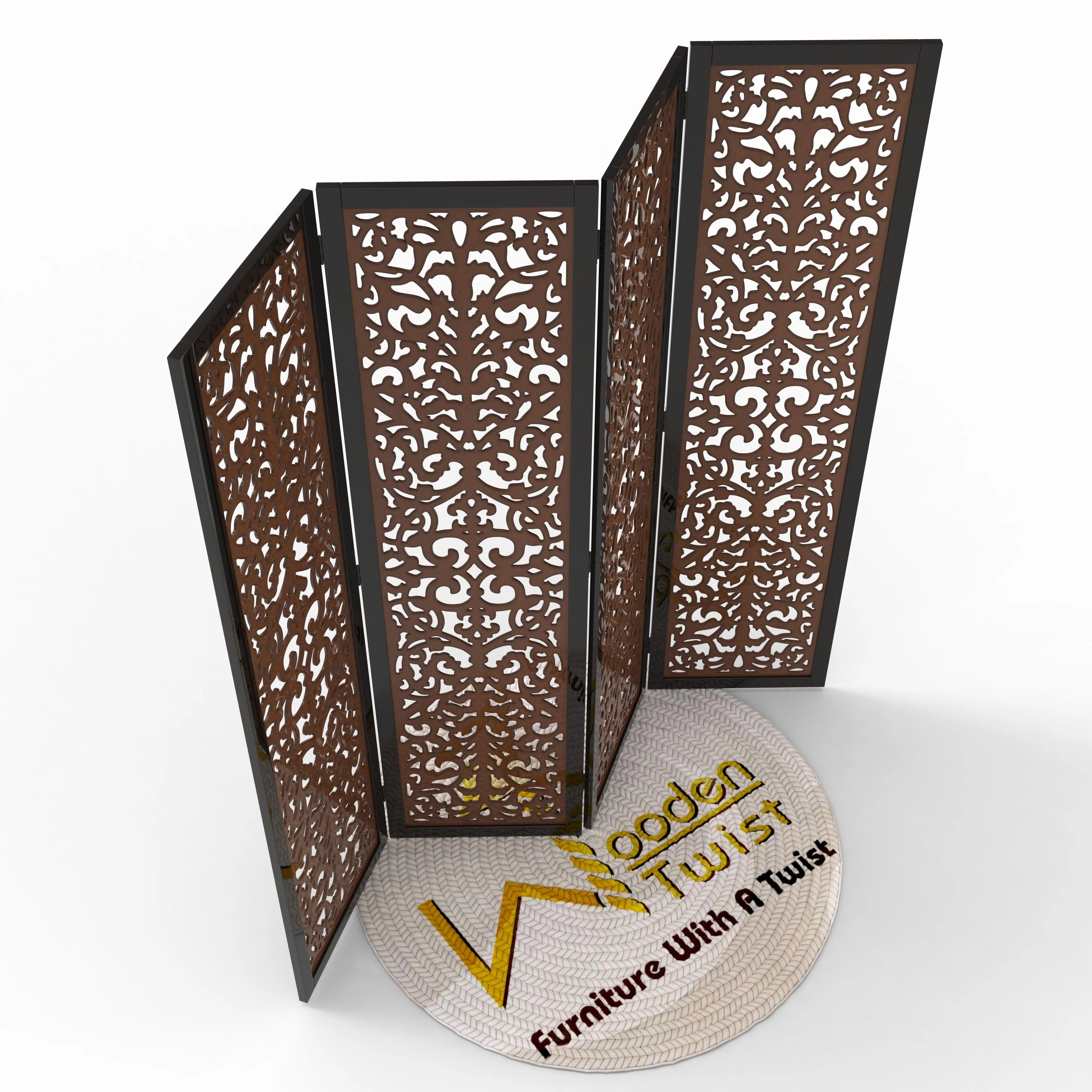 Handcrafted 4 Panel Wooden Room Partition & Room Divider (Dark Brown)