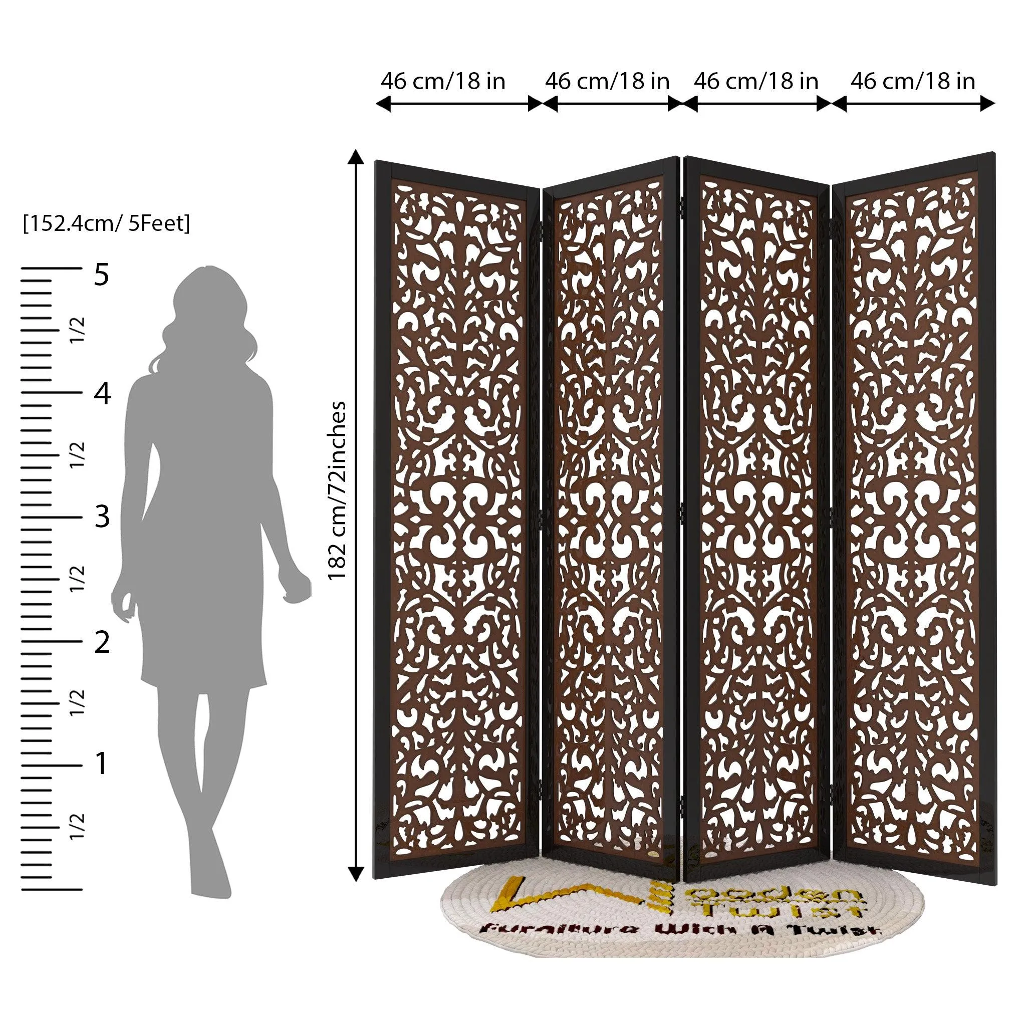 Handcrafted 4 Panel Wooden Room Partition & Room Divider (Dark Brown)