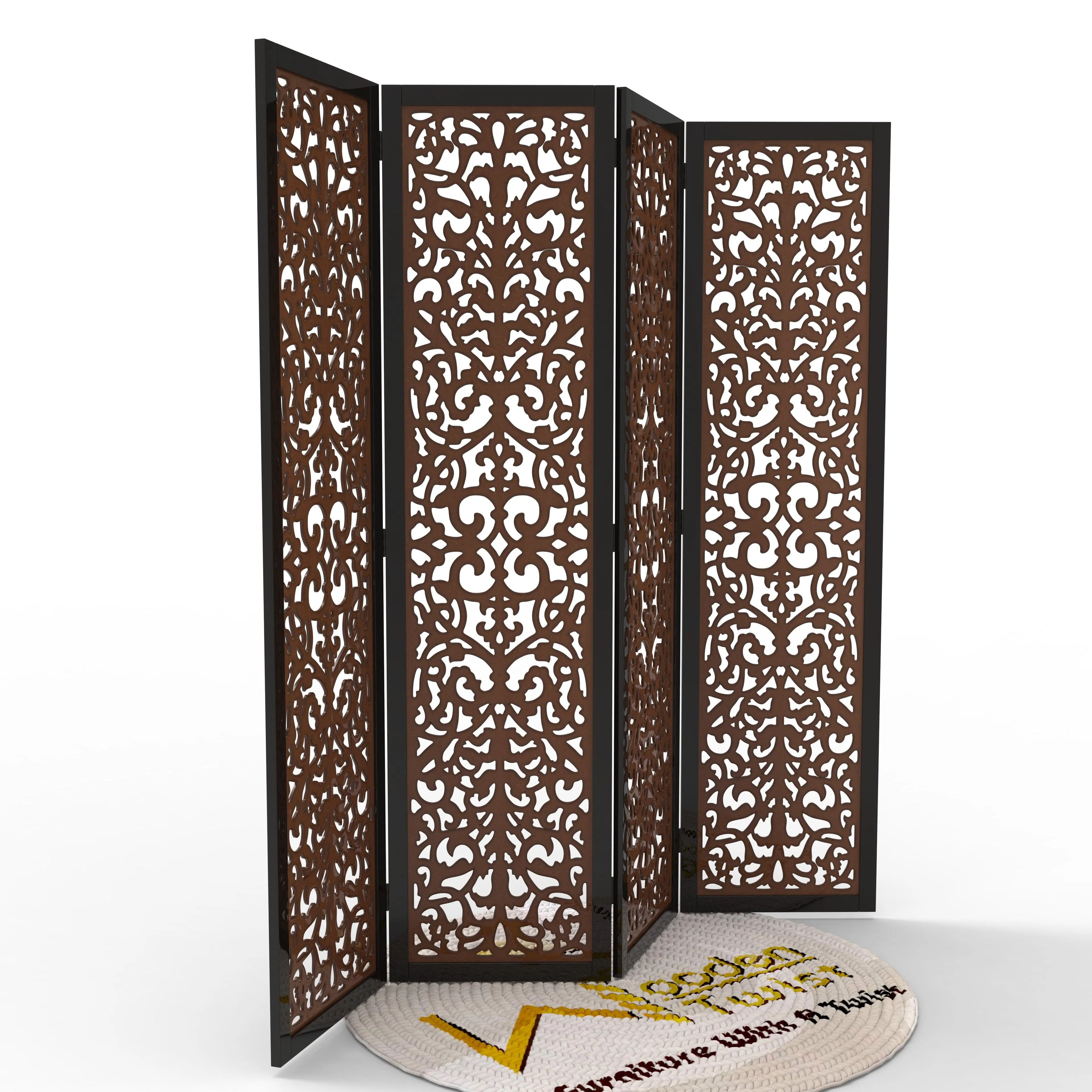 Handcrafted 4 Panel Wooden Room Partition & Room Divider (Dark Brown)