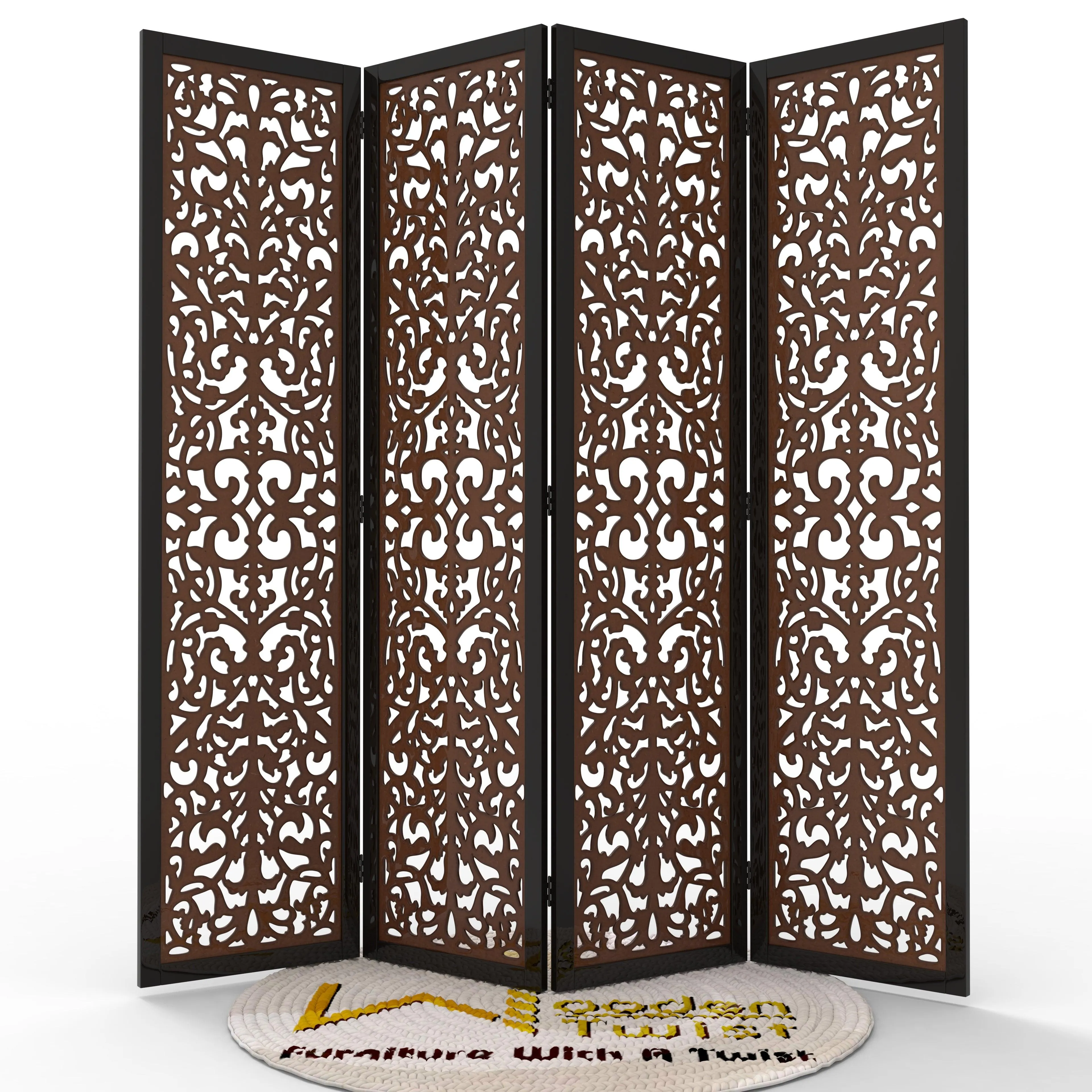 Handcrafted 4 Panel Wooden Room Partition & Room Divider (Dark Brown)