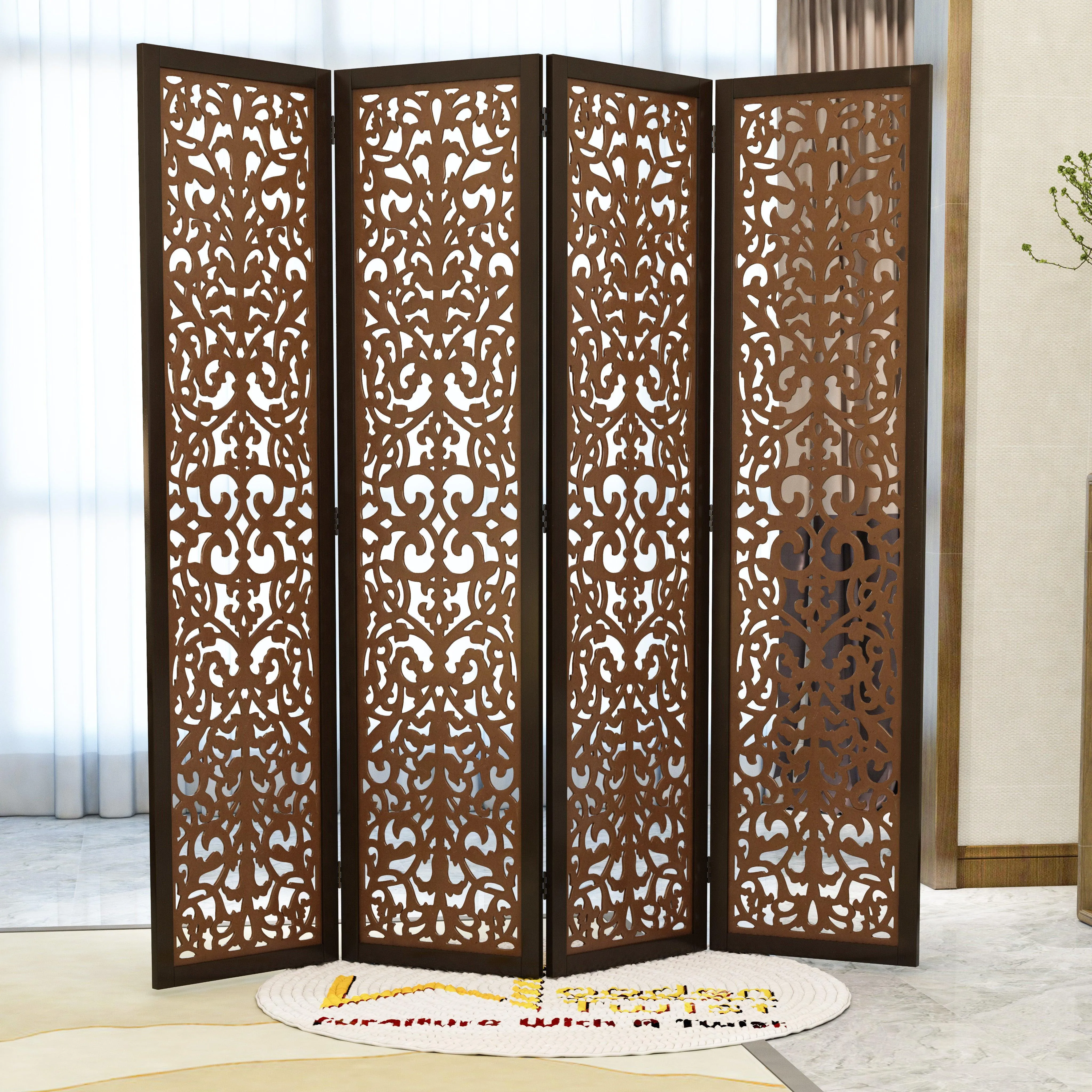 Handcrafted 4 Panel Wooden Room Partition & Room Divider (Dark Brown)