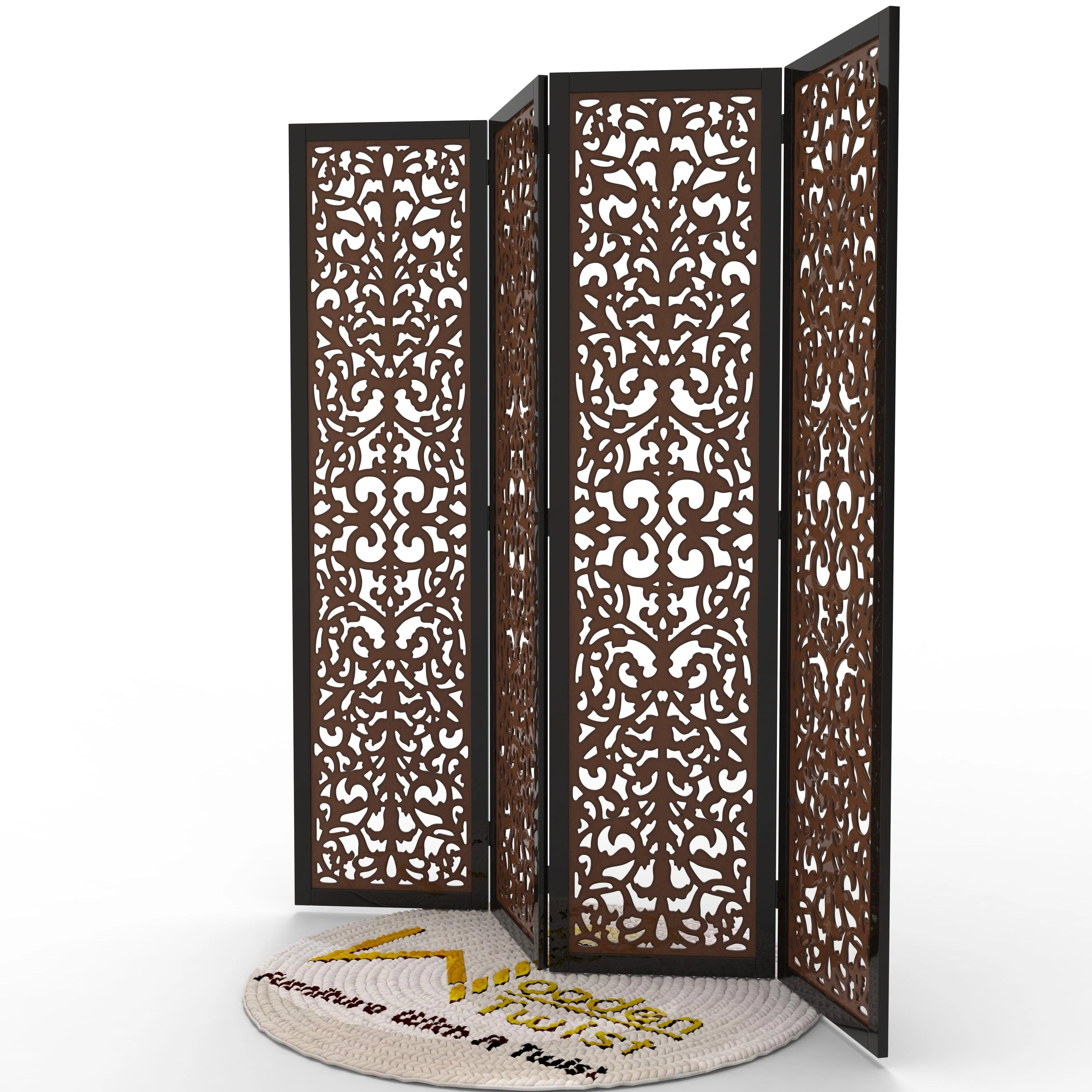 Handcrafted 4 Panel Wooden Room Partition & Room Divider (Dark Brown)