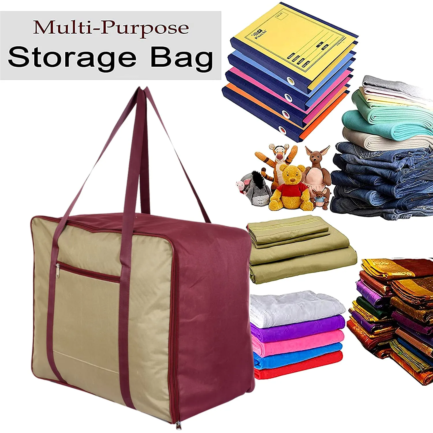 Heart Home Moisture Proof Wardrobe Organizer Storage Bag For Clothes With Zipper Closure and Handle (Brown & Maroon)-HS43HEARTH26665