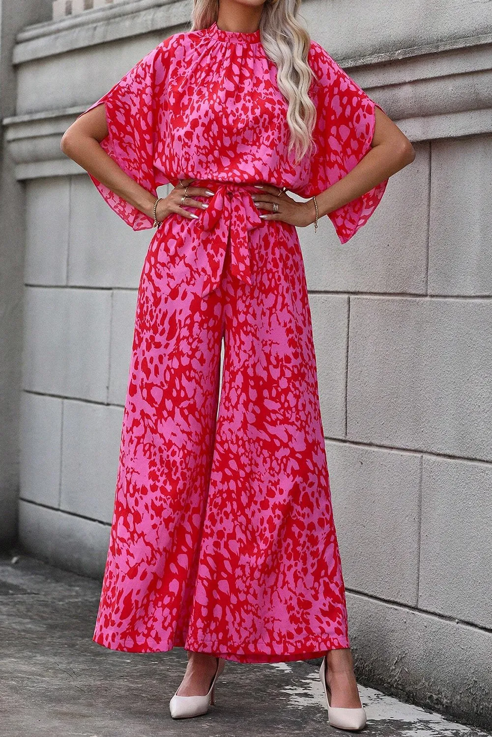 Hot Pink Leopard Loose Sleeve Belted Wide Leg Jumpsuit