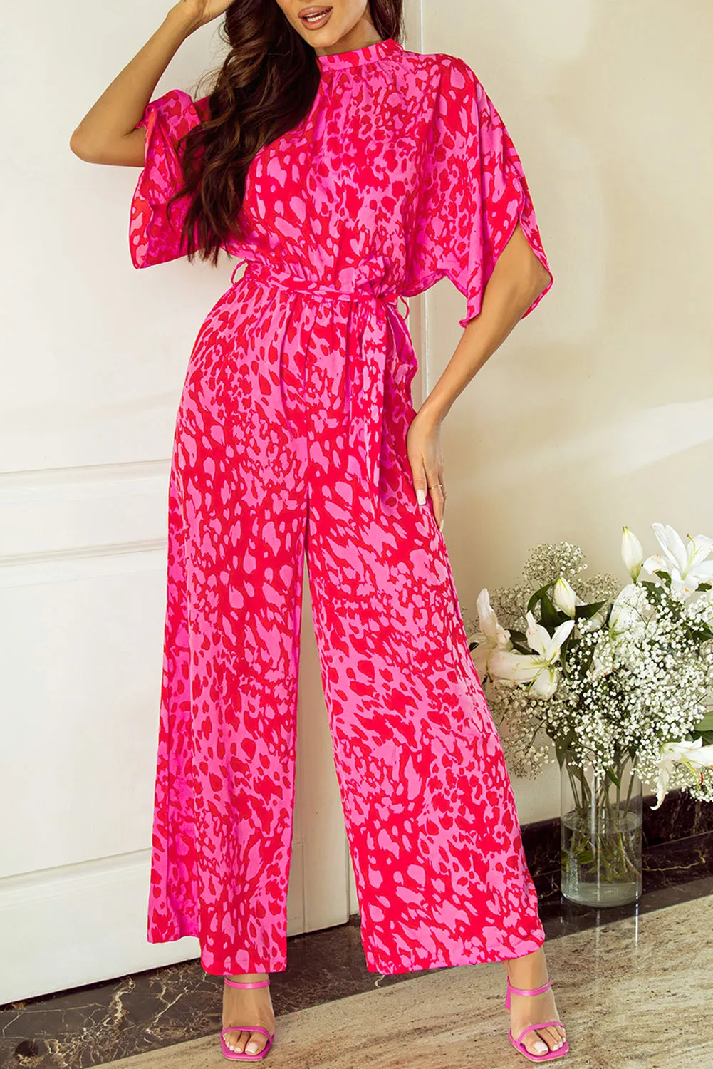 Hot Pink Leopard Loose Sleeve Belted Wide Leg Jumpsuit