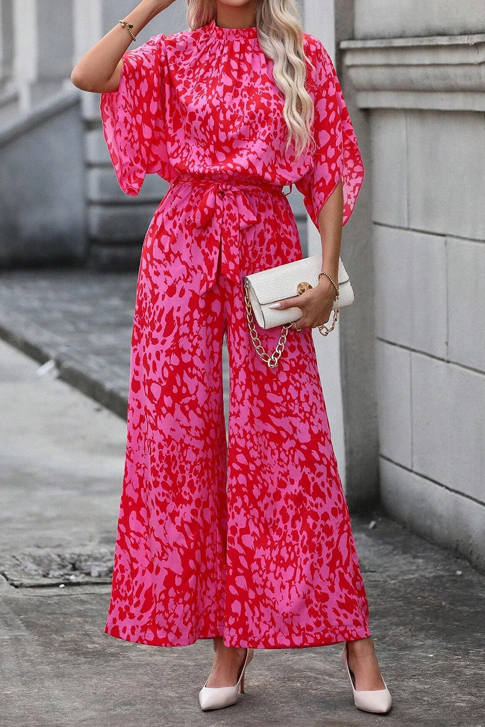 Hot Pink Leopard Loose Sleeve Belted Wide Leg Jumpsuit