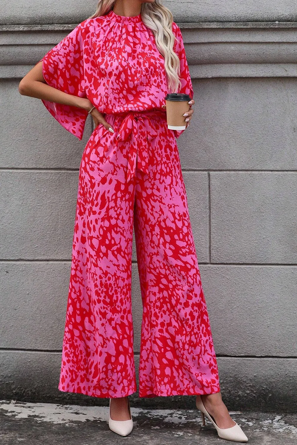 Hot Pink Leopard Loose Sleeve Belted Wide Leg Jumpsuit