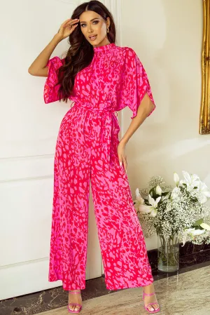 Hot Pink Leopard Loose Sleeve Belted Wide Leg Jumpsuit