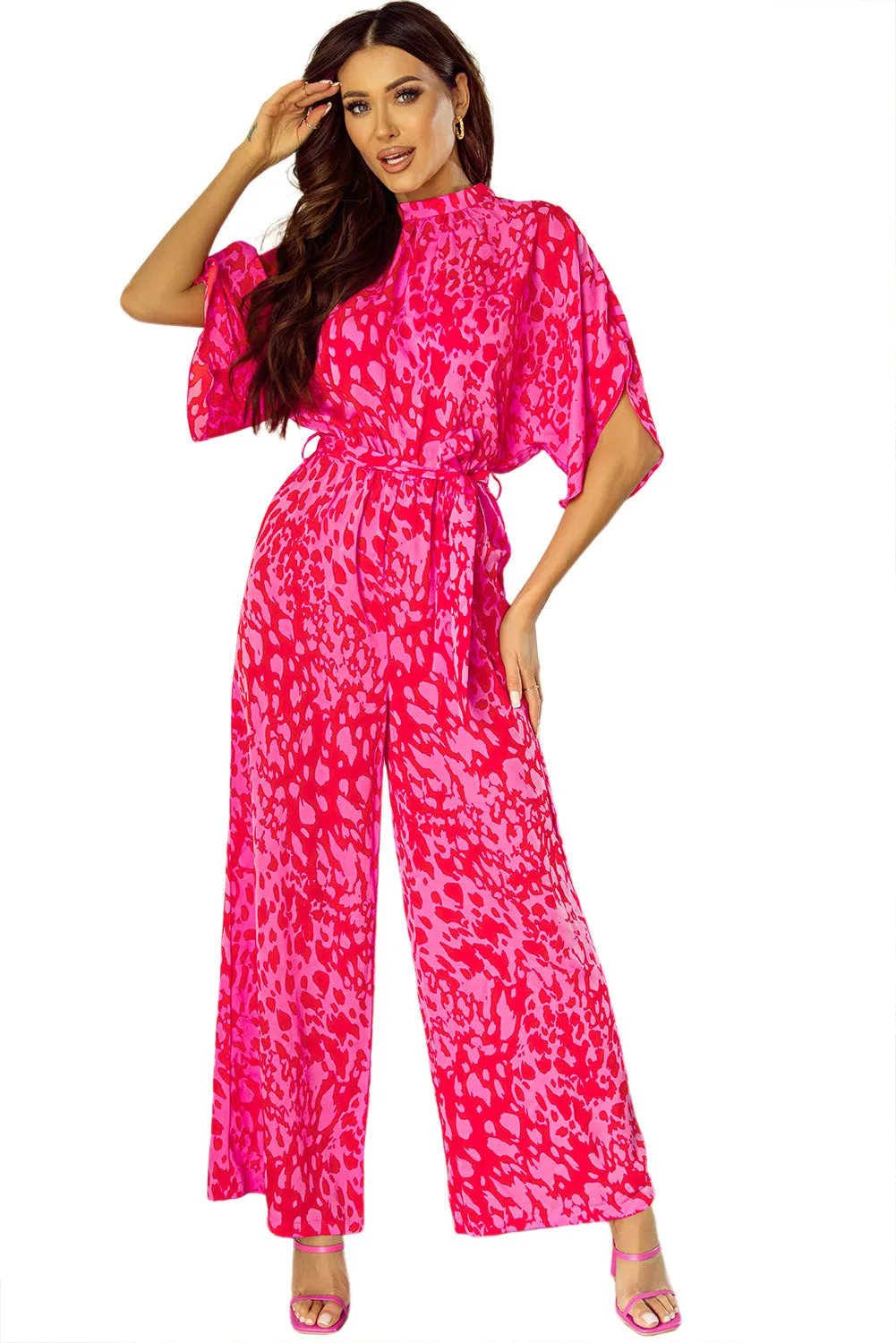 Hot Pink Leopard Loose Sleeve Belted Wide Leg Jumpsuit