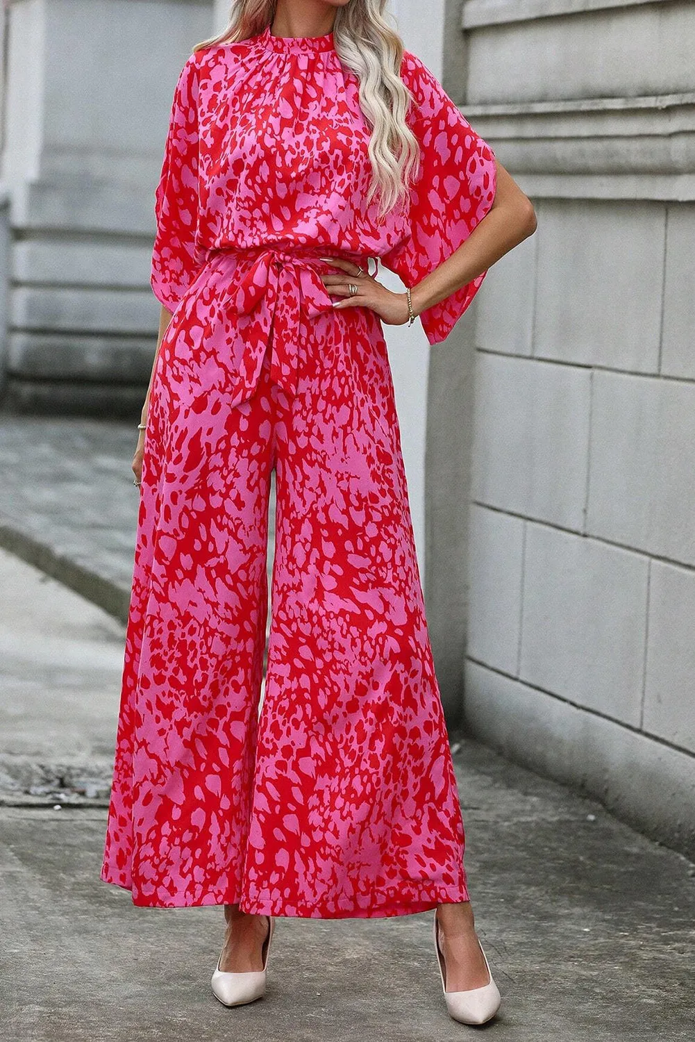 Hot Pink Leopard Loose Sleeve Belted Wide Leg Jumpsuit