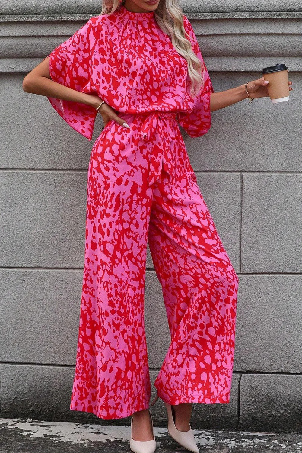 Hot Pink Leopard Loose Sleeve Belted Wide Leg Jumpsuit