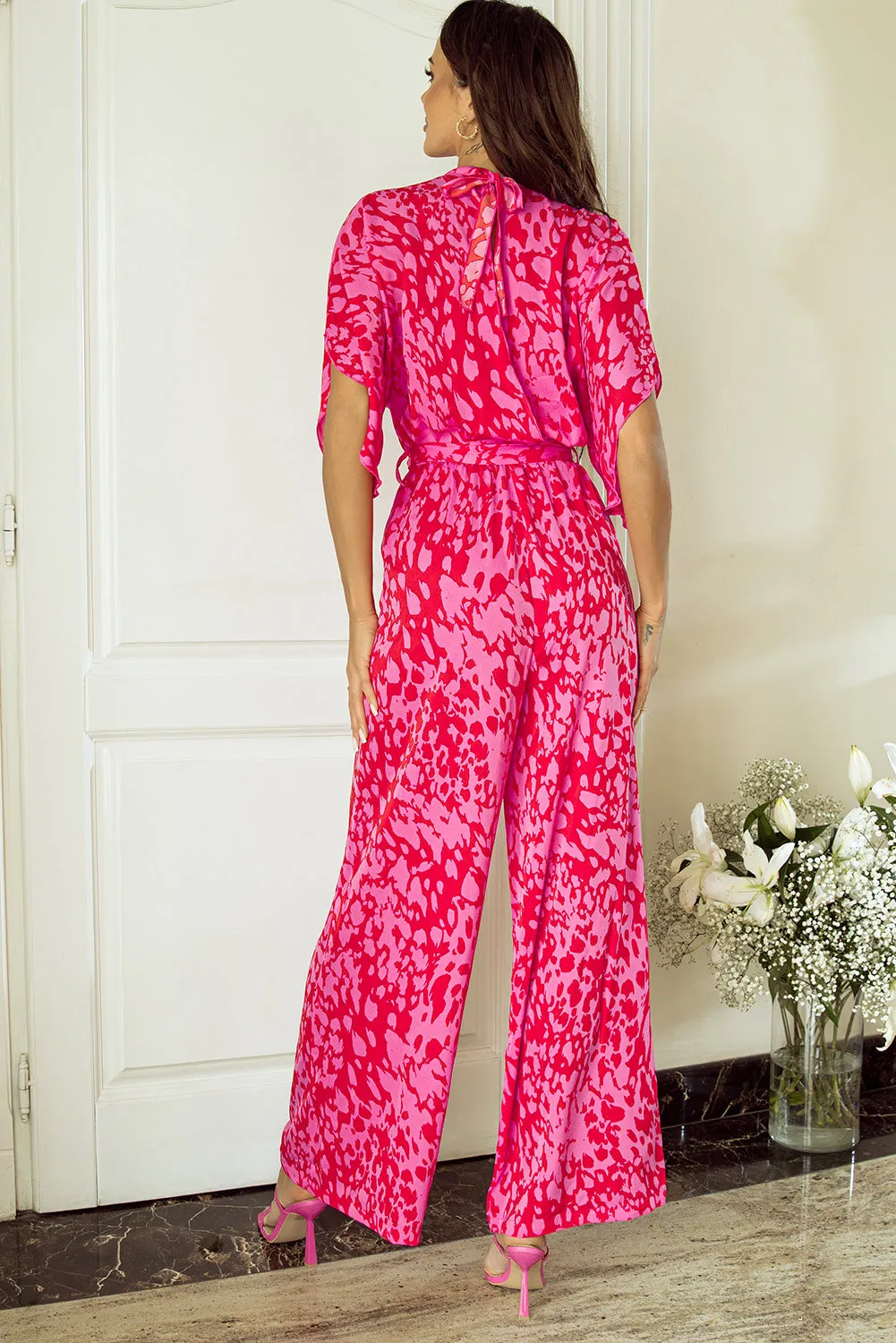 Hot Pink Leopard Loose Sleeve Belted Wide Leg Jumpsuit