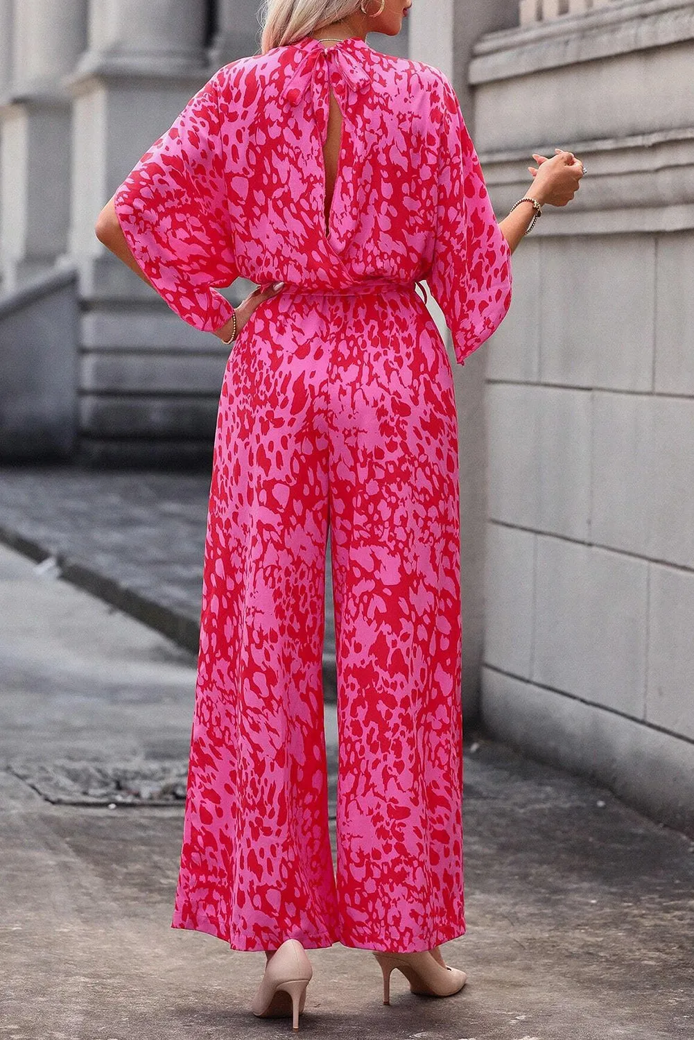 Hot Pink Leopard Loose Sleeve Belted Wide Leg Jumpsuit