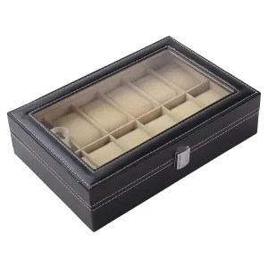 Kuber Industries 12 Slots Watch Organizer|Watch Storage Box For Men & Women|Secure Closer|Wrist Watch Display BoxBlack|Pack of 2|