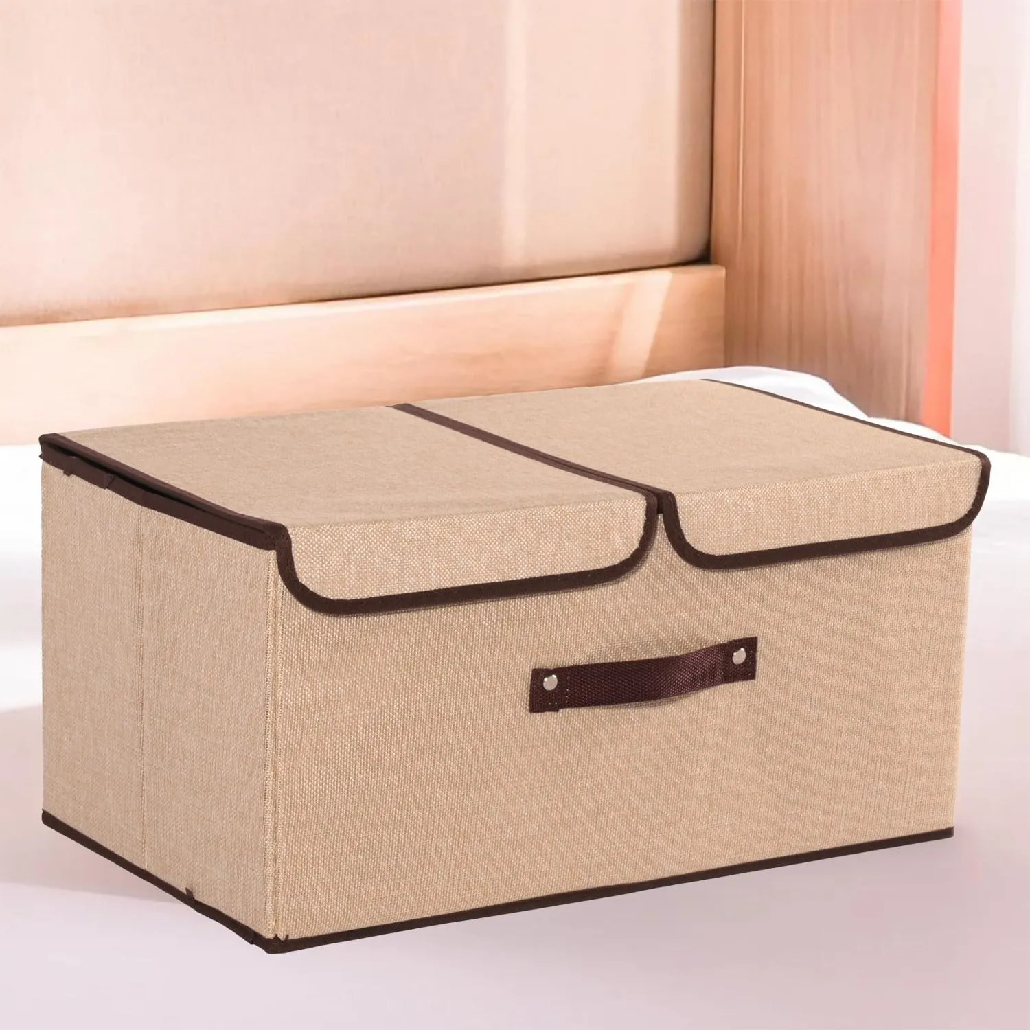 Kuber Industries Foldable Storage Box | Double Lid Storage Box with Handle | Stackable Storage Box For Clothes-Toys-Books | YJA008-BGE | Beige