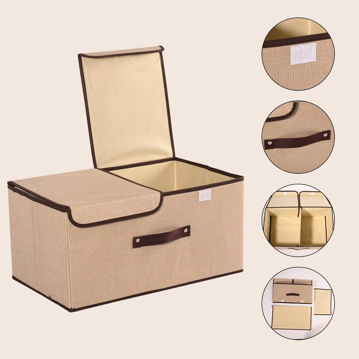 Kuber Industries Foldable Storage Box | Double Lid Storage Box with Handle | Stackable Storage Box For Clothes-Toys-Books | YJA008-BGE | Beige