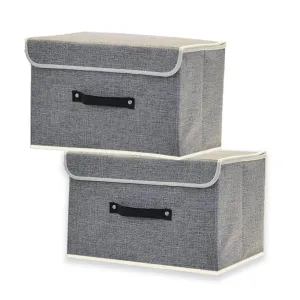 Kuber Industries Large Storage Box With Lid|Foldable Toys Storage Bin|Wardrobe Organizer For clothes|Front Handle & Sturdy Pack Of-2 (Grey)