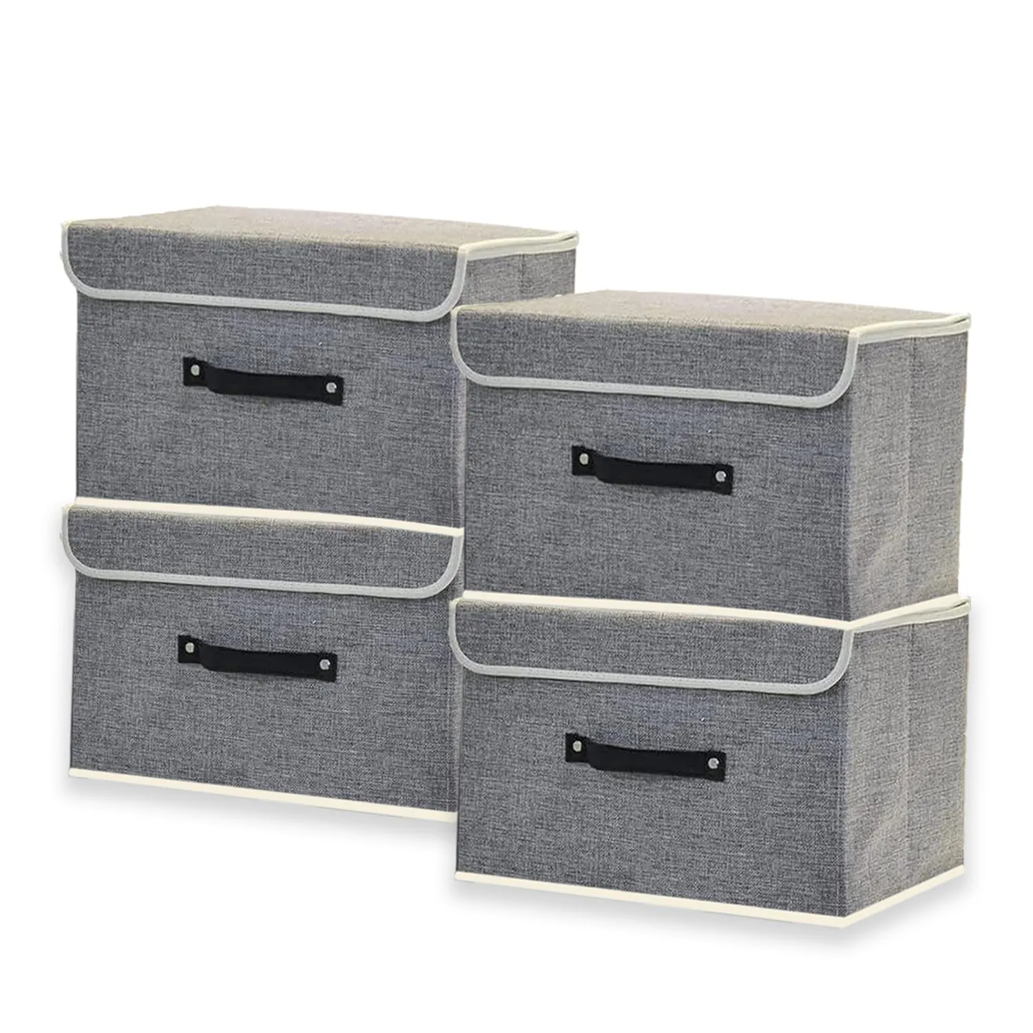 Kuber Industries Large Storage Box With Lid|Foldable Toys Storage Bin|Wardrobe Organizer For clothes|Front Handle & Sturdy Pack Of-4 (Grey)