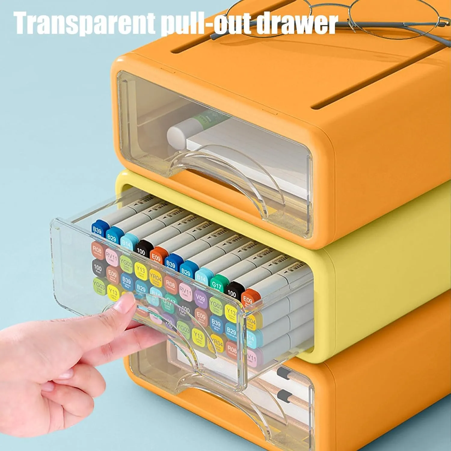 Kuber Industries (Set of 18) Stackable Stationary Organizers Drawer with Translucent for Home, Office & Makeup Suppliance | Desktop Storage Box Table Organiser, JSNH715L | Wine, Yellow & Blue