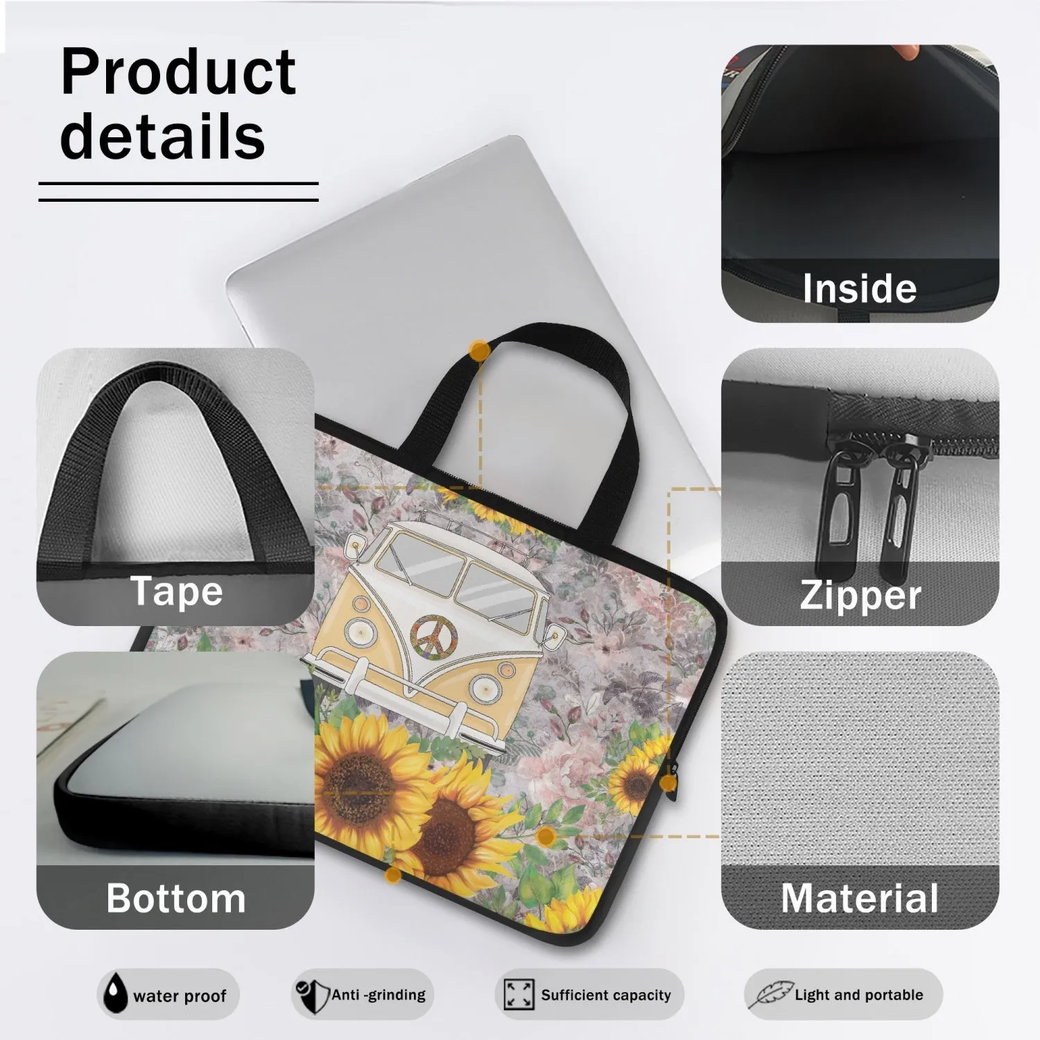 Laptop Sleeve with Handles - Sunflowers - Combi Van