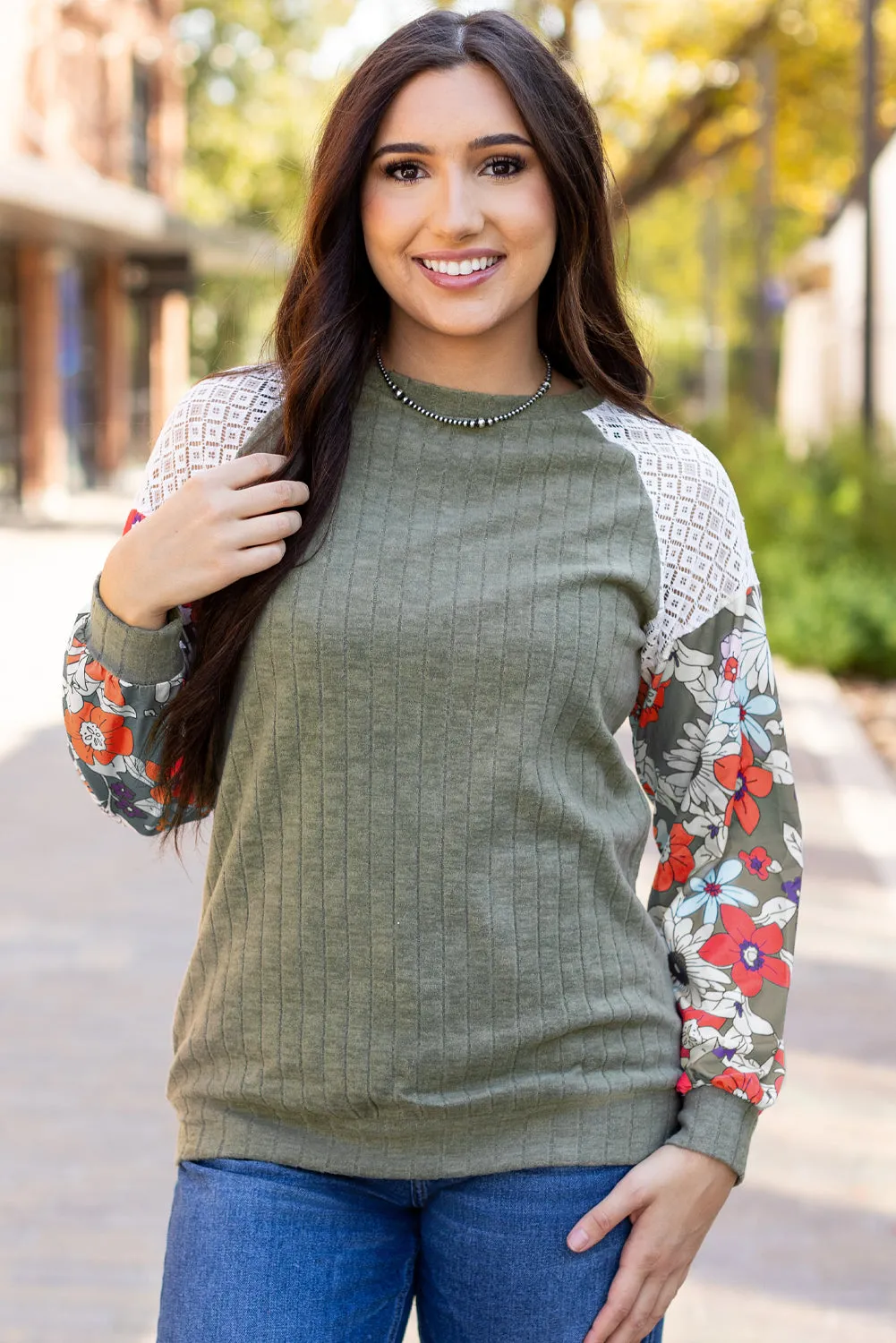 Laurel Green Floral Patchwork Long Sleeve Ribbed Blouse