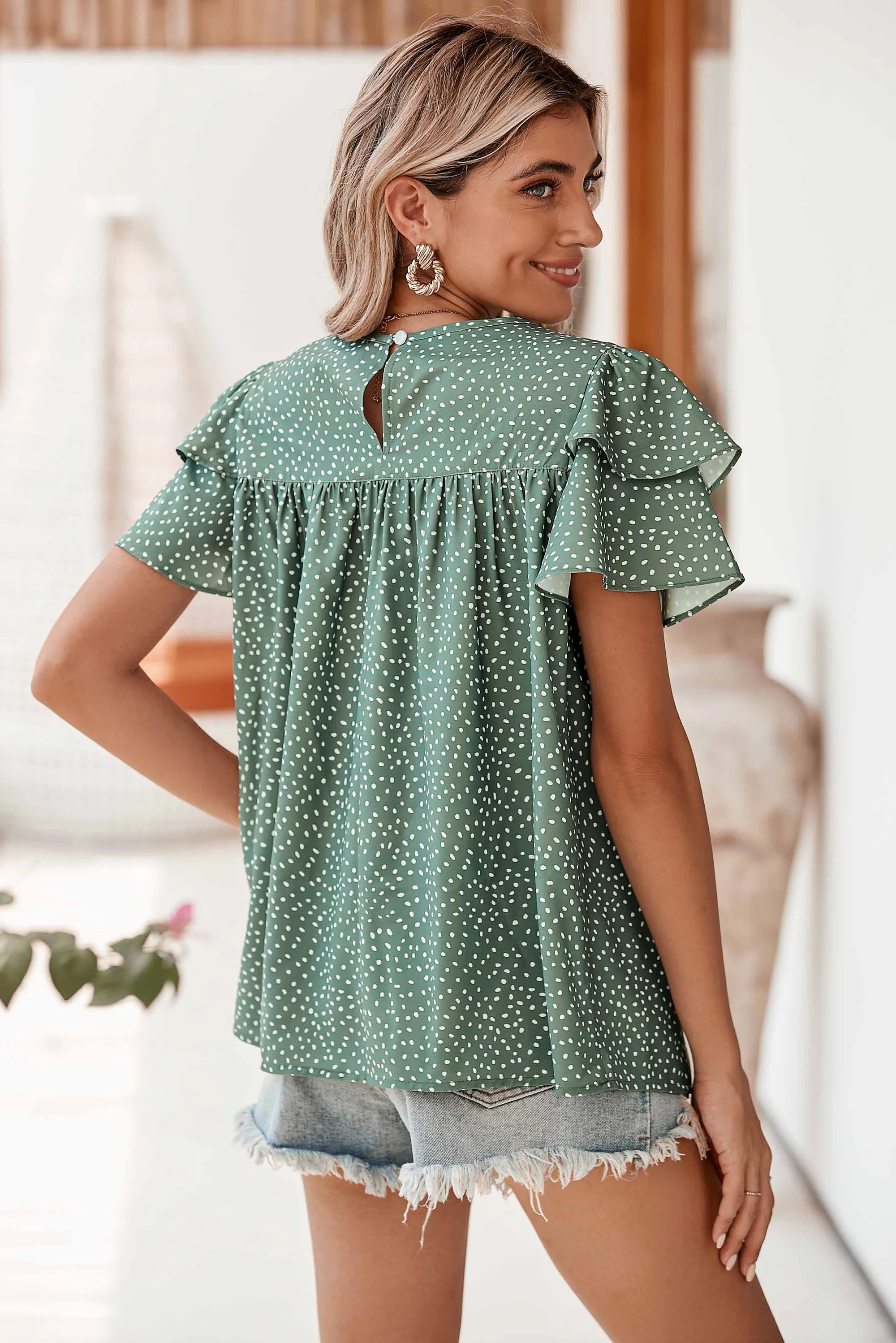 Laurel Green Spotted Print Pleated Ruffle Sleeve Blouse