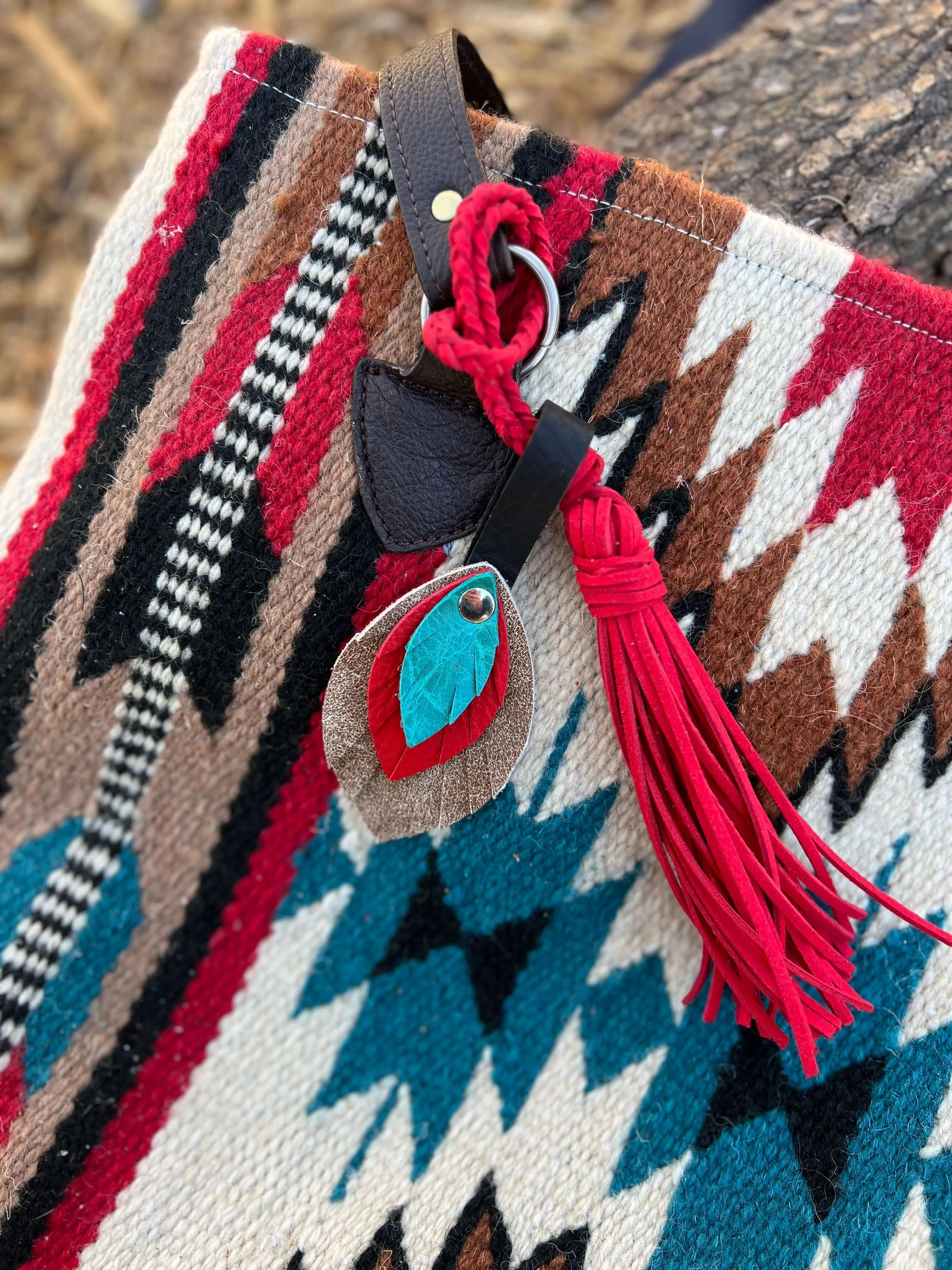 Leather Feather Bag Charm - Brown, Red and Turquoise